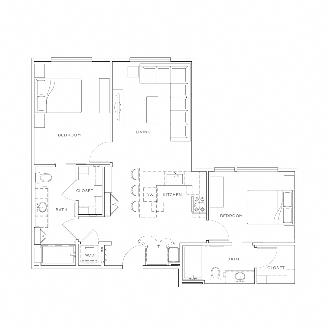 Floor plan for 2 beds, 2 baths, 995 sqft